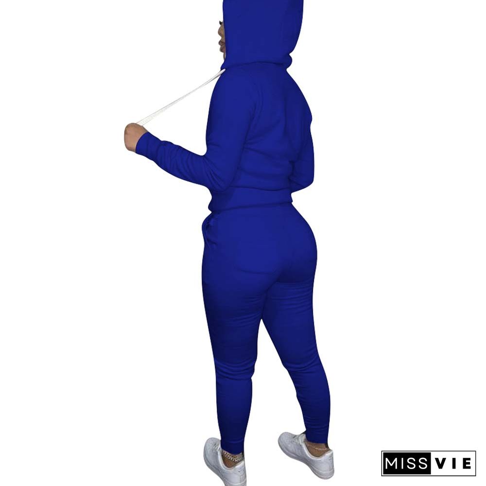 Solid Hooded Zip Sweatshirt Top Drawstring Pants Set