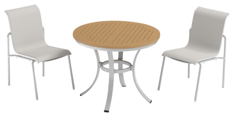 Travira 3 Piece Cafe Bistro Table/Side Chairs Set  Natural Tekwood  Fog Sling   Transitional   Outdoor Pub And Bistro Sets   by Oxford Garden  Houzz