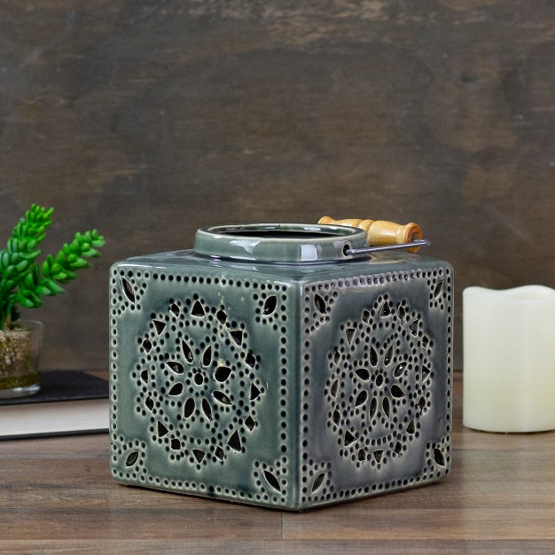 Dark Olive Green Square Crackle Finish Mosaic Cut Out Candle Lantern