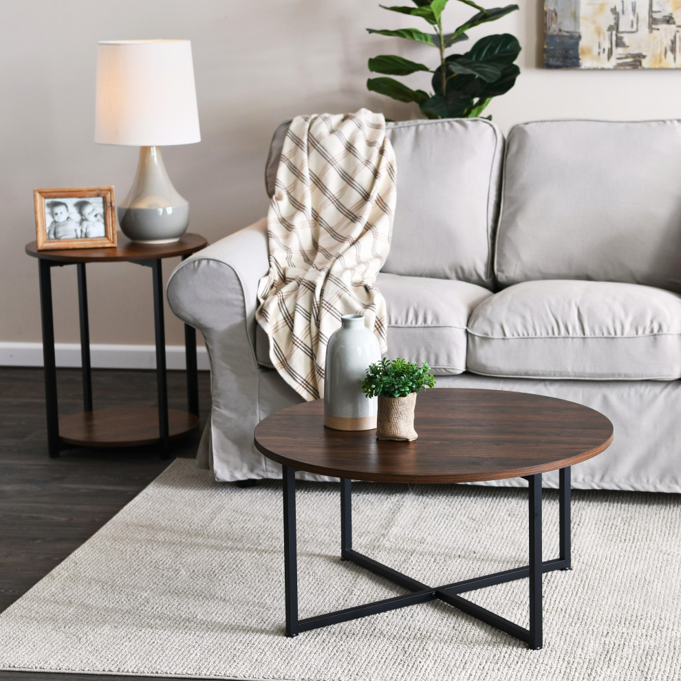 Jamestown Round Coffee Table Mid Century Walnut Wood Grain and Black Metal   Transitional   Coffee Tables   by Household Essentials  Houzz