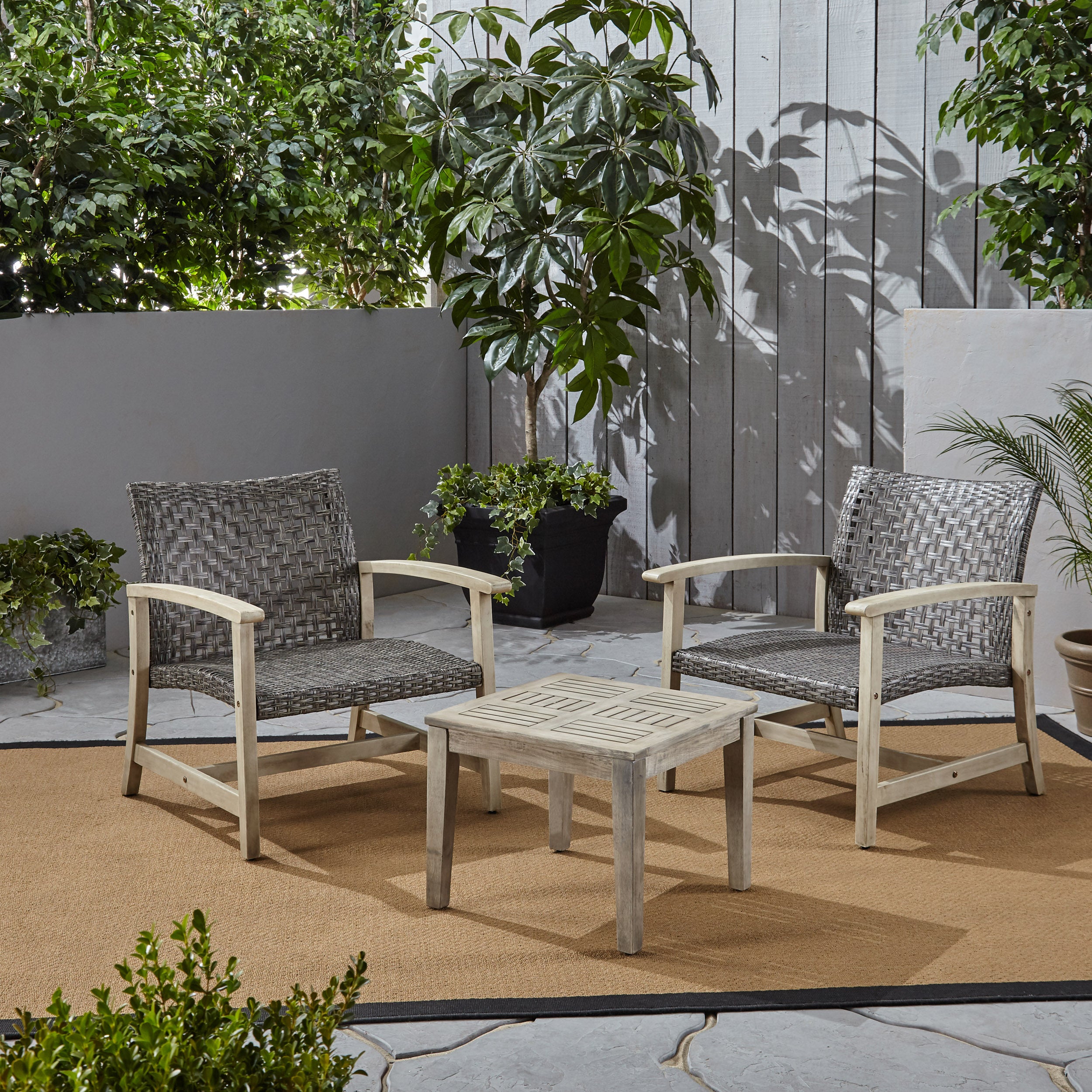 Alyssa Outdoor 3 Piece Wood and Wicker Club Chairs and Side Table Set