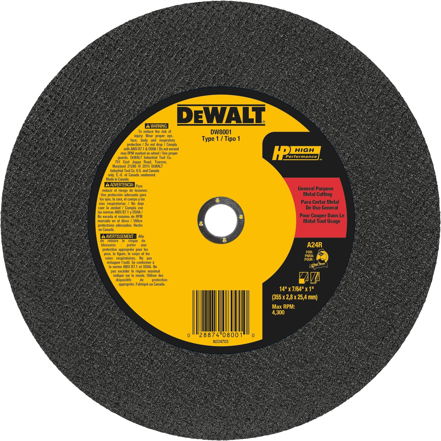 DW 14 in. D X 1 in. Aluminum Oxide Chop Saw Wheel 1 pc