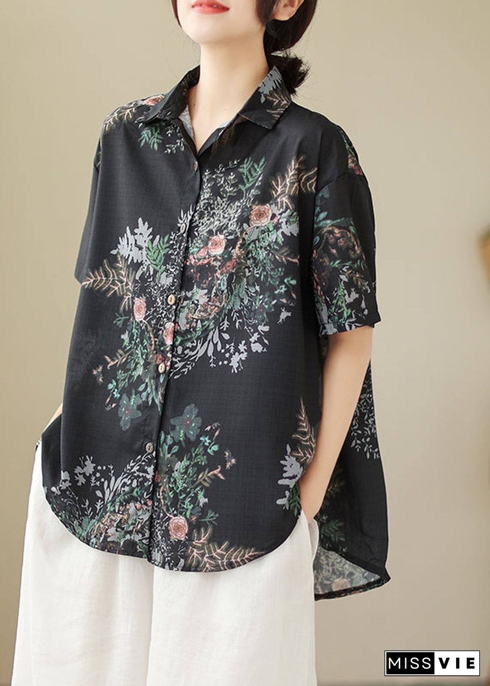 Organic Black Oversized Print Linen Blouses Summer