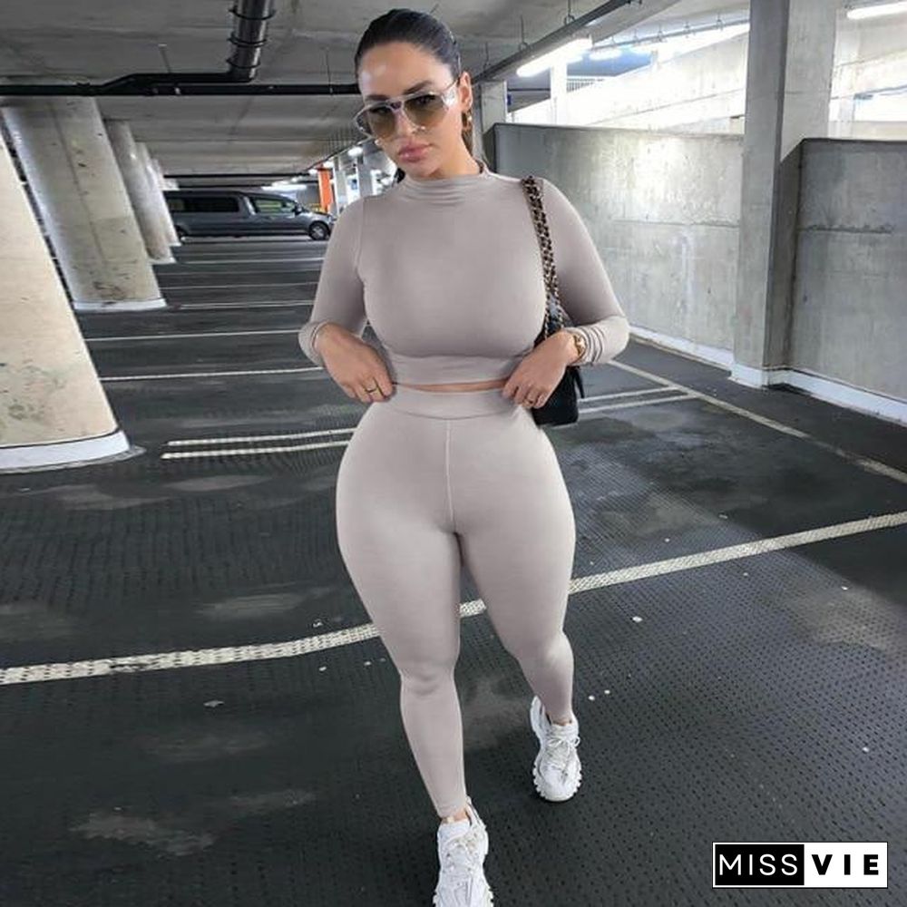 2 Piece Sets Sport Suit Celebrity Women  Long Sleeve Crop Tops High Waist Leggings Pants Workout Seamless Clothes Tracksuit