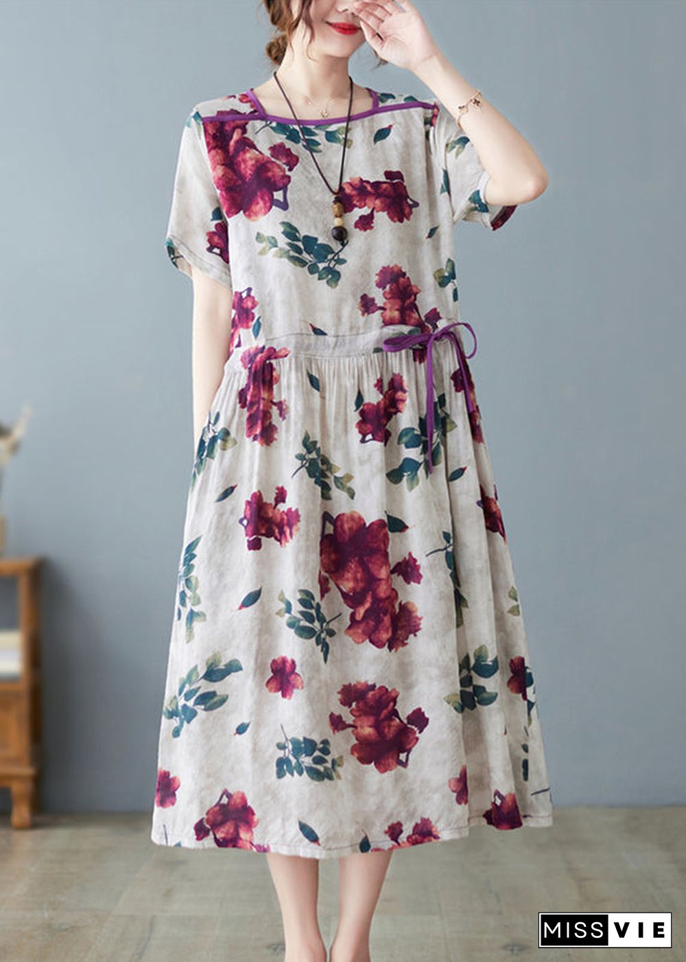 Fashion O-Neck Print Drawstring Tie Waist Long Dress Summer