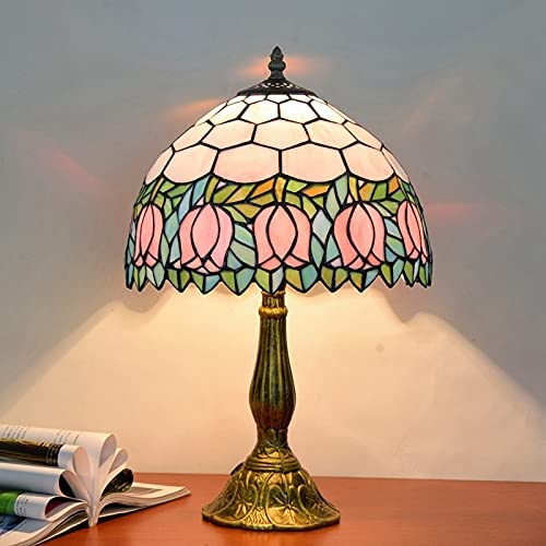 SHADY  Lamp Stained Glass Lamp Pink Tulip Bedroom Table lamp Reading Desk Light for Bedside Living Room Office Dormitory Dining Room Decorate Housewarming  12X12X18 Include Light B