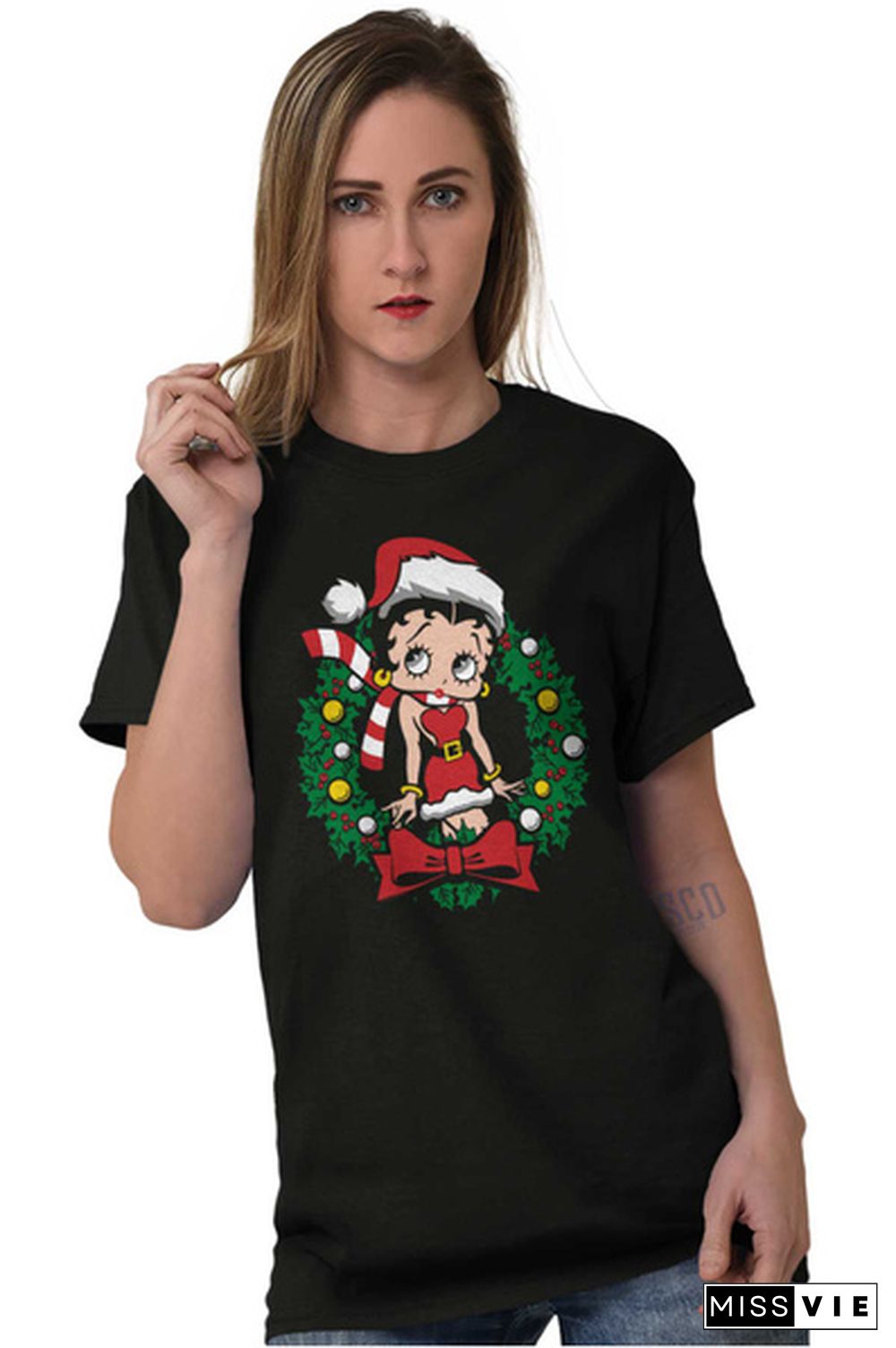 Betty Boop Cartoon Christmas Cute Vintage Womens Graphic Crewneck T Shirt Tee