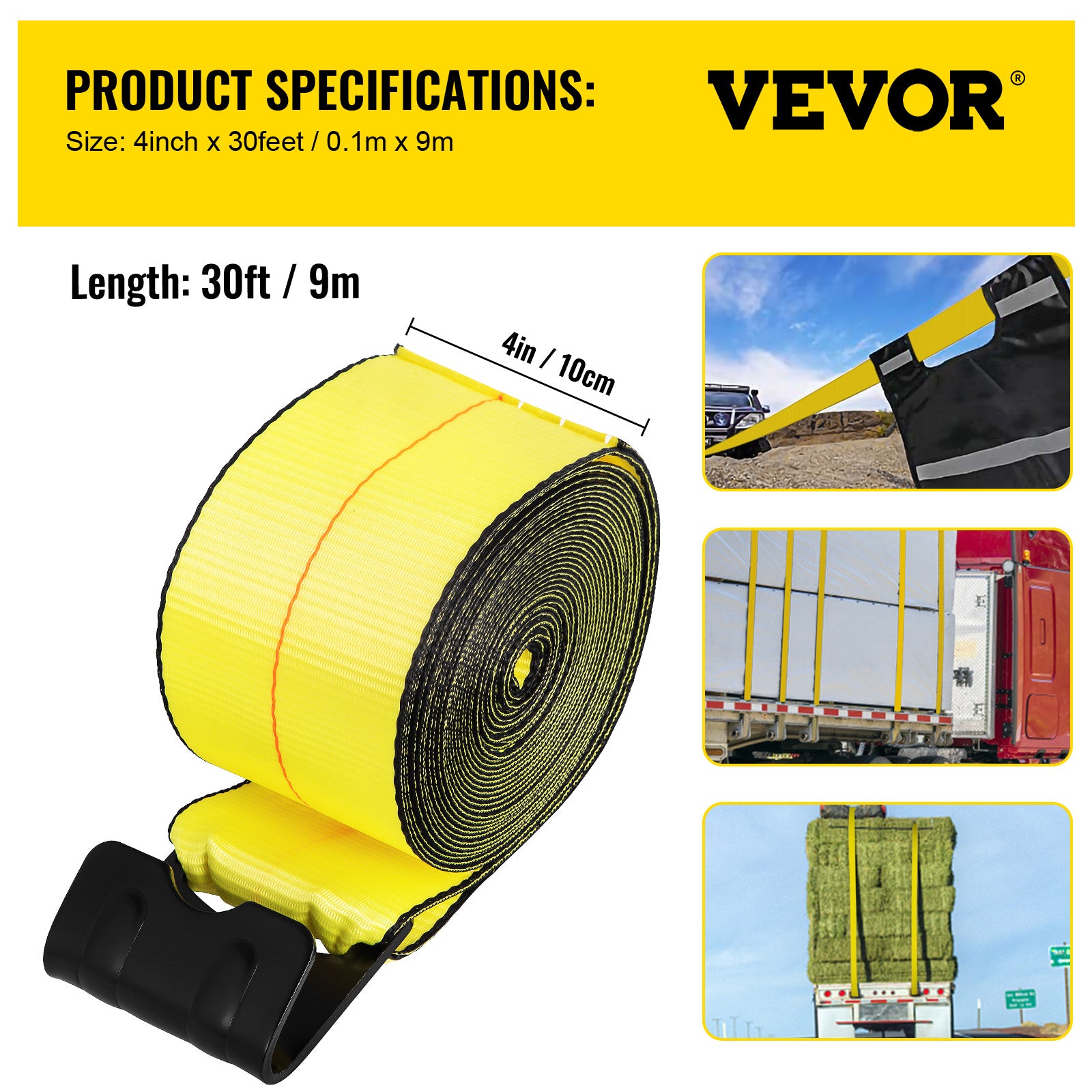 VEVOR Truck Straps 4"x30' Winch Straps with A Flat Hook Flatbed Tie Downs 5400lbs Load Capacity Flatbed Strap Cargo Control for Flatbeds, Trucks, Trailers, Farms, Rescues, Tree Saver, Yellow (8 Pack)