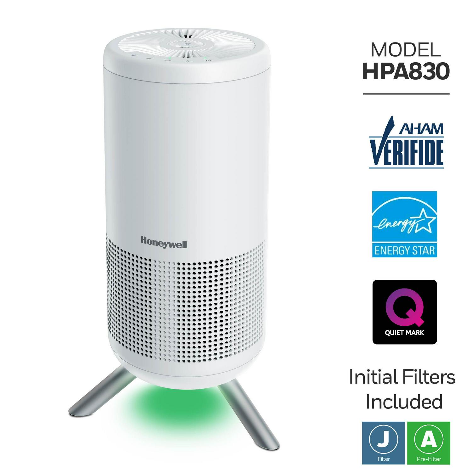 Honeywell Designer Series HEPA Air Purifier Tower， Medium-Large Room (190 sq ft)， White a Intelligent Auto Mode and UltraQuiet Technology  Wildfire， Smoke and Airborne Allergen Air Purifier， HPA830