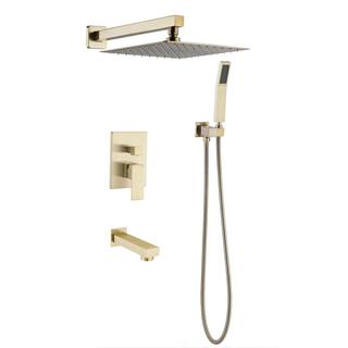 Flynama 1-Spray 12 in. Square Rain Wall Bar Shower Kit with Hand Shower and Tub Faucet in Brushed Gold(Valve Included) MS-A3801-12BG