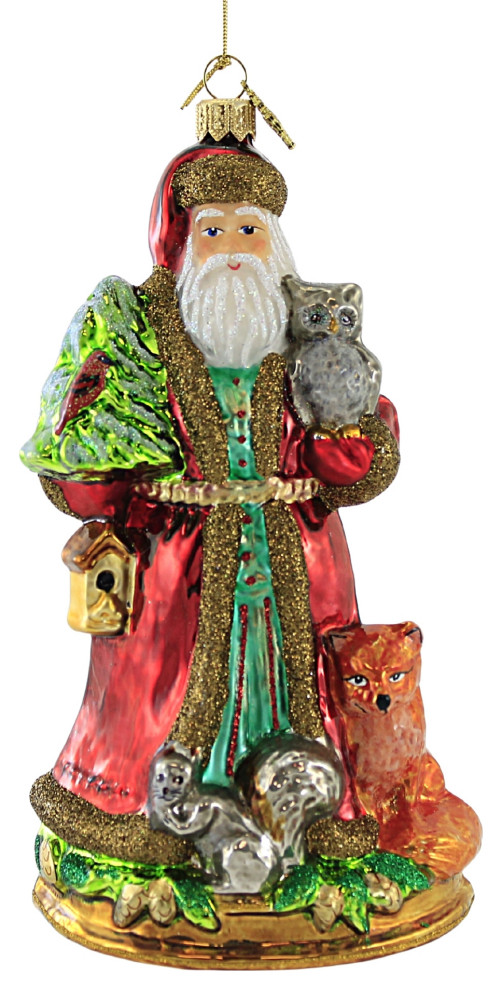 Huras Woodland Santa Glass Ornament Animal St Francis Owl S656   Christmas Ornaments   by Story Book Kids Inc  Houzz