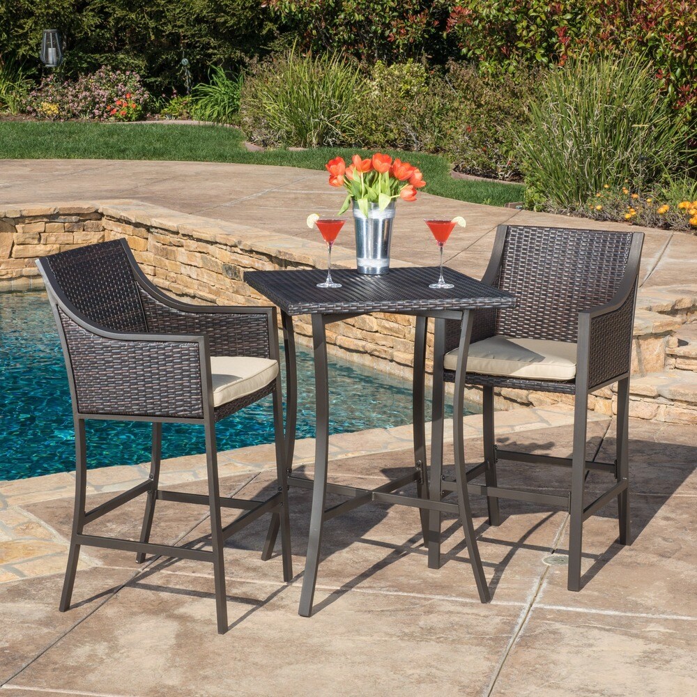 Riga Outdoor 3 piece Wicker Bistro Bar Set with Cushion by Christopher Knight Home