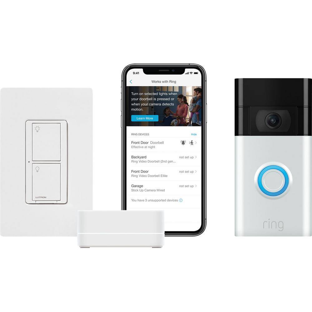 Lutron Caseta Smart Switch Kit (Neutral Wire Required) wRing 1080p Smart Doorbell Satin Nickel (2020 Release) (PRBDG-PKG1WS) PRBDG-PKG1WS