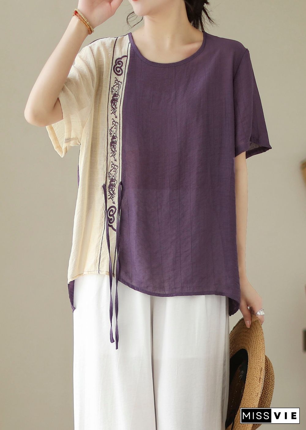 Purple Patchwork Cotton Blouses Embroideried Lace Up Summer