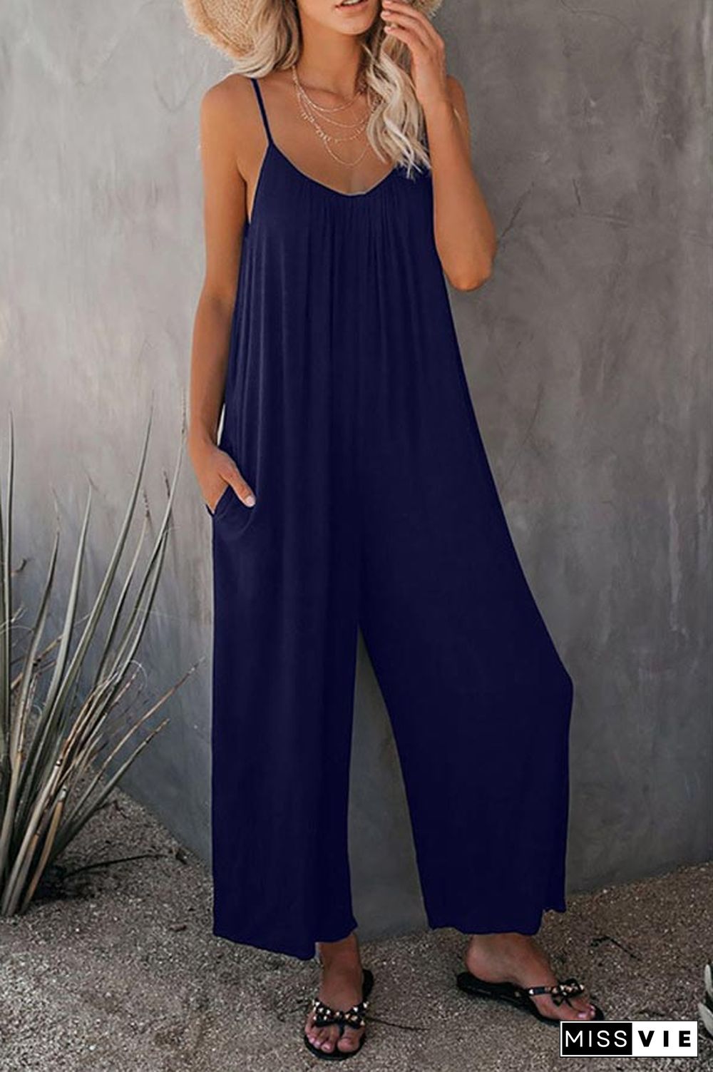 Casual Sling Solid Color Pocket Jumpsuit