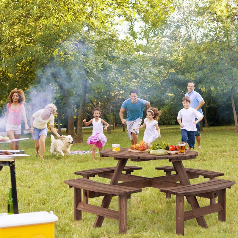 8-Person Outdoor Wooden Round Picnic Dining Table Bench Set with Umbrella Hole & 4 Benches