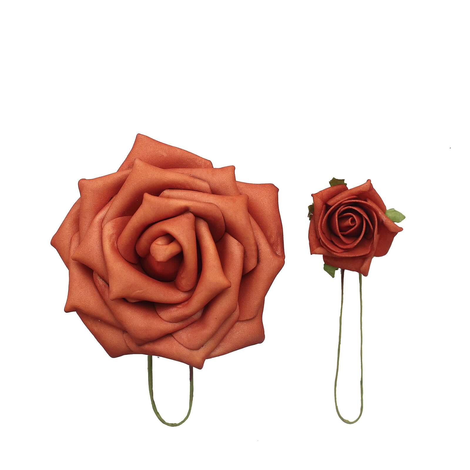 24 Roses Terracotta (Rust) Artificial Foam Flowers With Stem Wire and Leaves 2