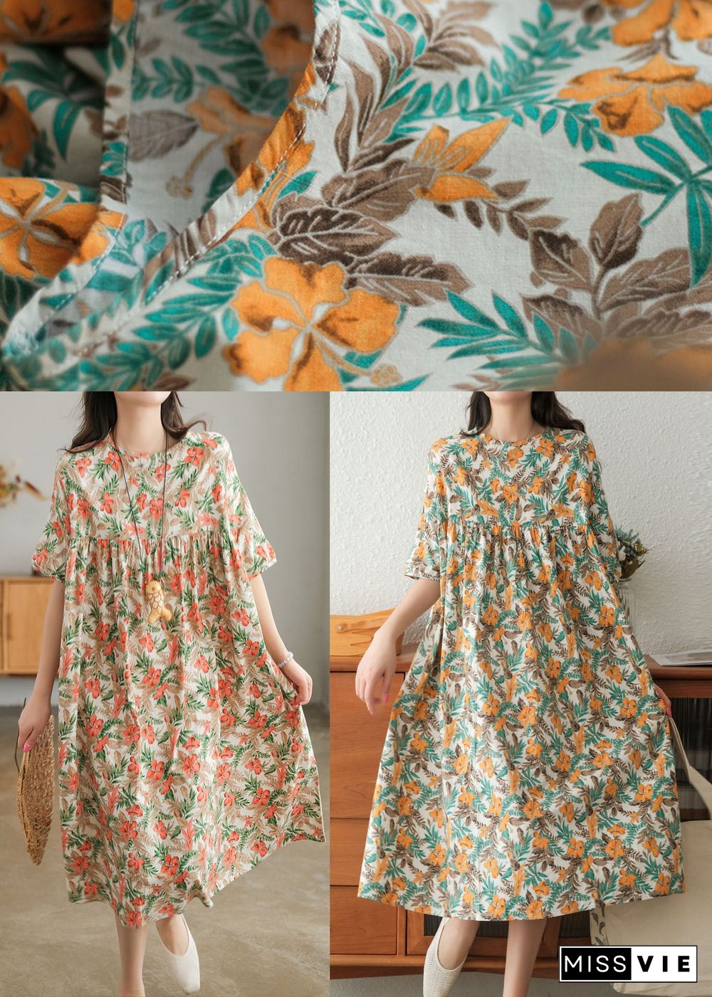 Yellow Print Cotton Vacation Dresses Wrinkled Short Sleeve