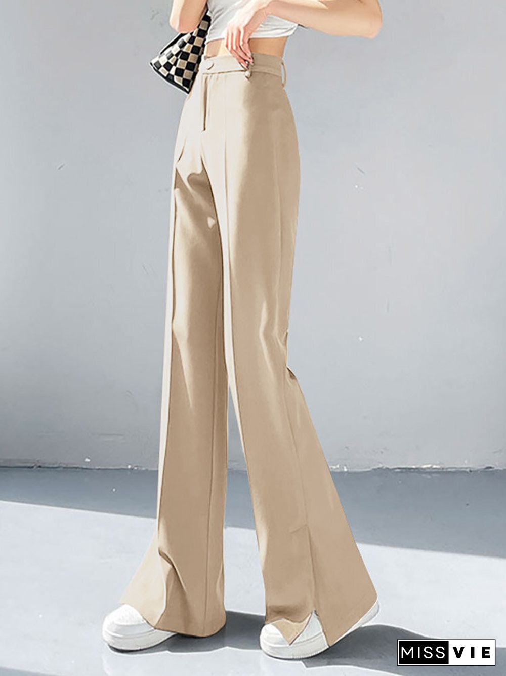 High Waist Solid Double Slit Hem Casual Pants