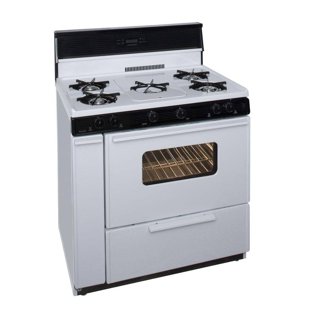 Premier 36 in. 3.91 cu. ft. Freestanding Gas Range with 5th Burner and Griddle Package in White with Black Trim SLK249WP