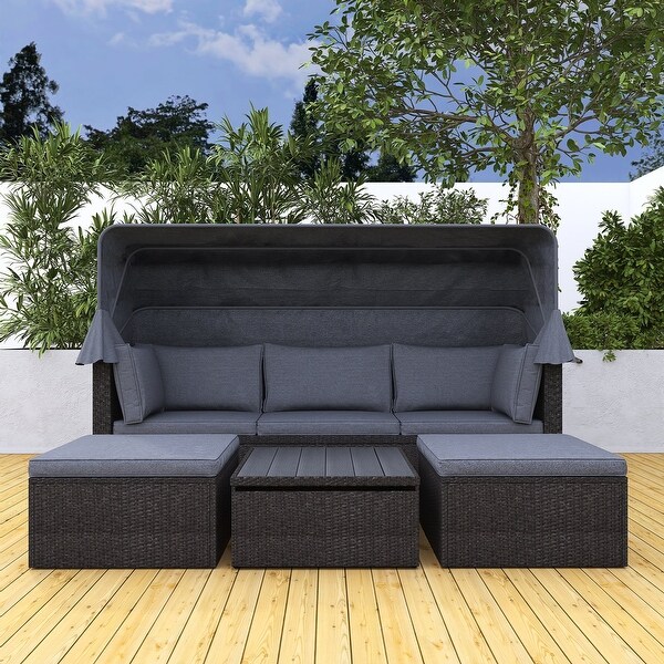 4Piece Outdoor Wicker Sectional Patio Daybed with Canopy and Ottoman