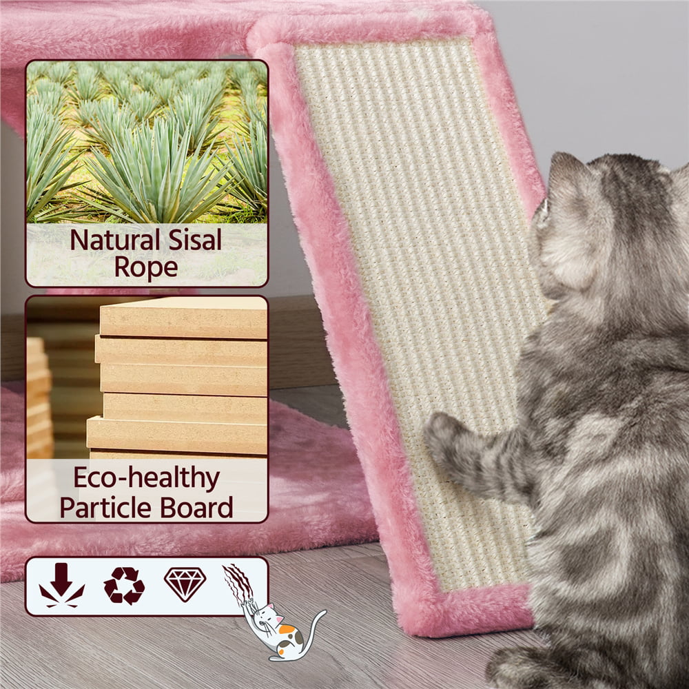 Easyfashion Multilevel Plush Cat Tree with Double Condos and Furry Ball for Cats， Kittens， Pink