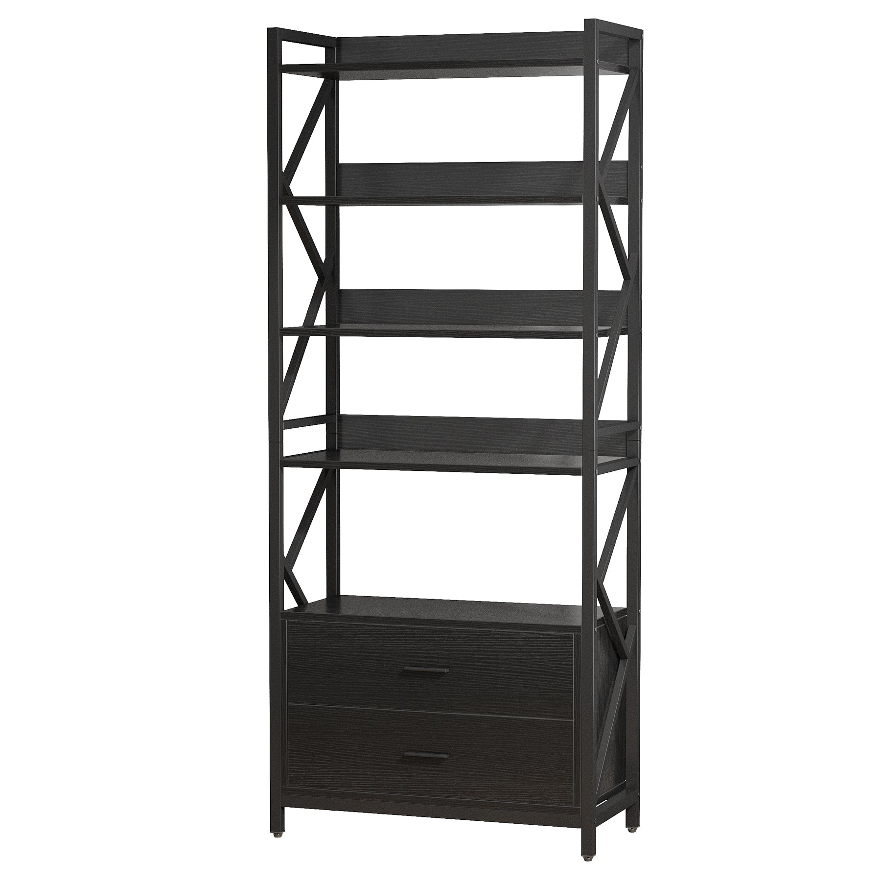 70.86 Bookshelf, Industrial 5-Tier Bookcase with 2 Drawers