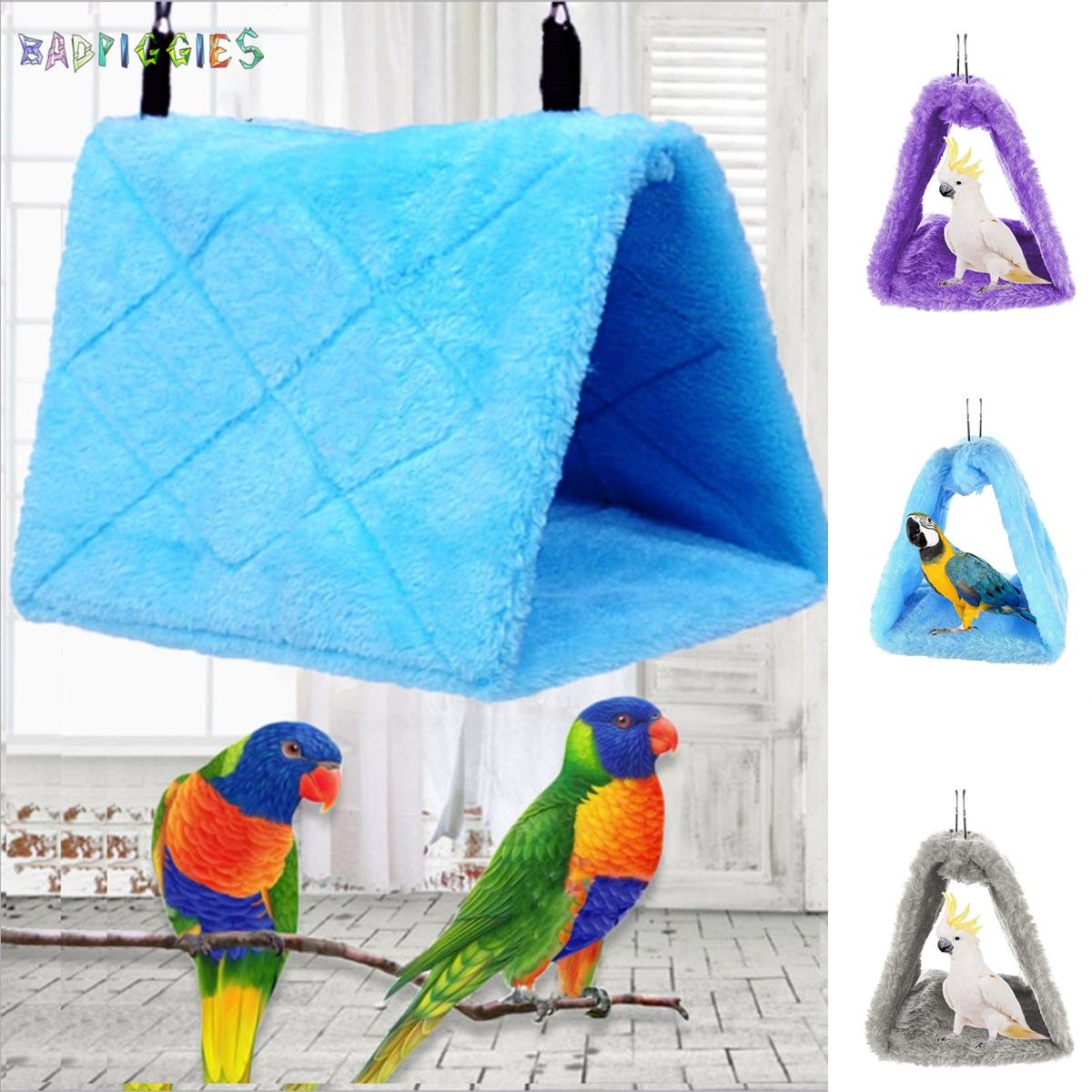 BadPiggies Winter Warm Bird Nest House Shed Hut Plush Fluffy Hanging Hammock Finch Cage Birds Hut Hideaway for Hamster Parrot Macaw Eclectus Parakeet Cockatoo (L， Purple)