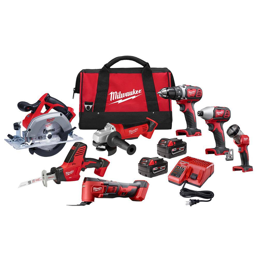 MW M18 18V Lithium-Ion Cordless Combo Tool Kit (7-Tool) with Two 3.0 Ah Batteries Charger and Tool Bag 2695-27S