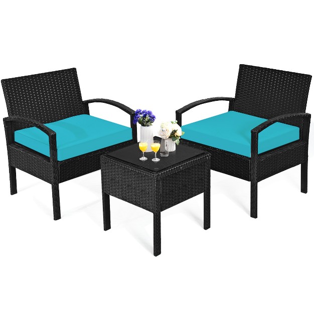 Tangkula 3 Pieces Patio Set Outdoor Wicker Rattan Furniture W Cushions Turquoise