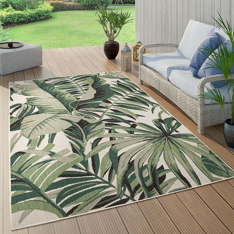 In- and Outdoor Rug Tropical Palm Leaf Design for Patio in Green Beige