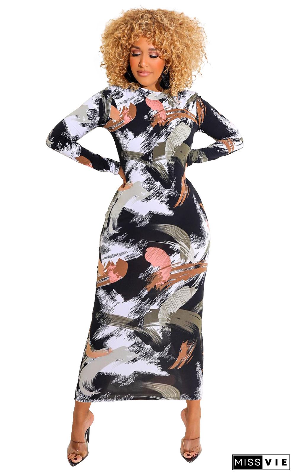 Graffiti Printing Zipper Long Sleeve Bodycon Dress