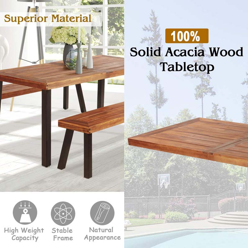 3 Pcs Rustic Acacia Wood Patio Dining Table Set with 2 Benches, Outdoor Picnic Table Bench Set with Umbrella Hole