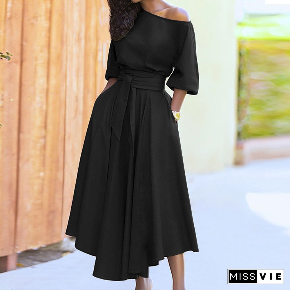 Women Elegant Sexy Off Shoulder Party Dress Summer Tie-Up A-Line Dress Office Lady Casual Short Sleeve Pocket Dress Vestido