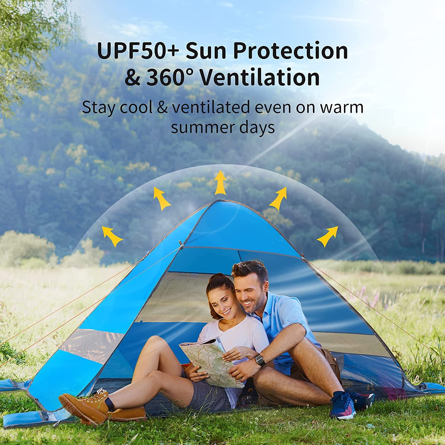 AKASO Pop-Up Beach Tent for 3-4 Person， 7.4' x 4.7' Shade Sun Shelter with UV Protectant Coating