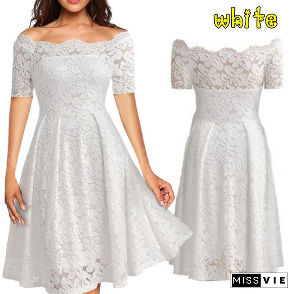 Women's Fashion Floral Lace Dress Female Black Retro Elegant Party Club Dress Evening Gowns Dress Party Prom Dresses Short Sleeve Backless Flare Swing Mini Dress