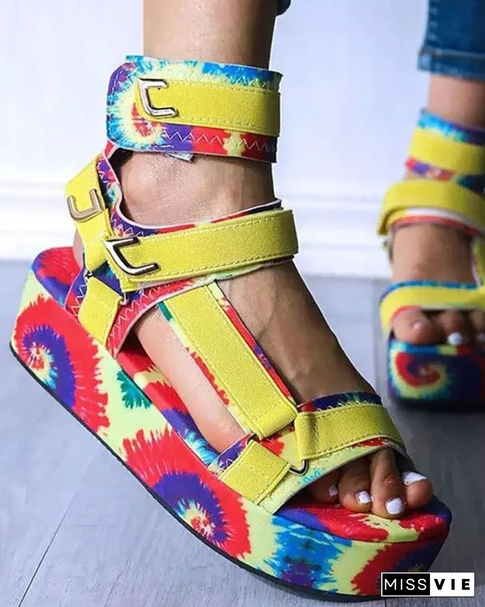 Tie Dye Print Velcro Peep Toe Platform Sandals