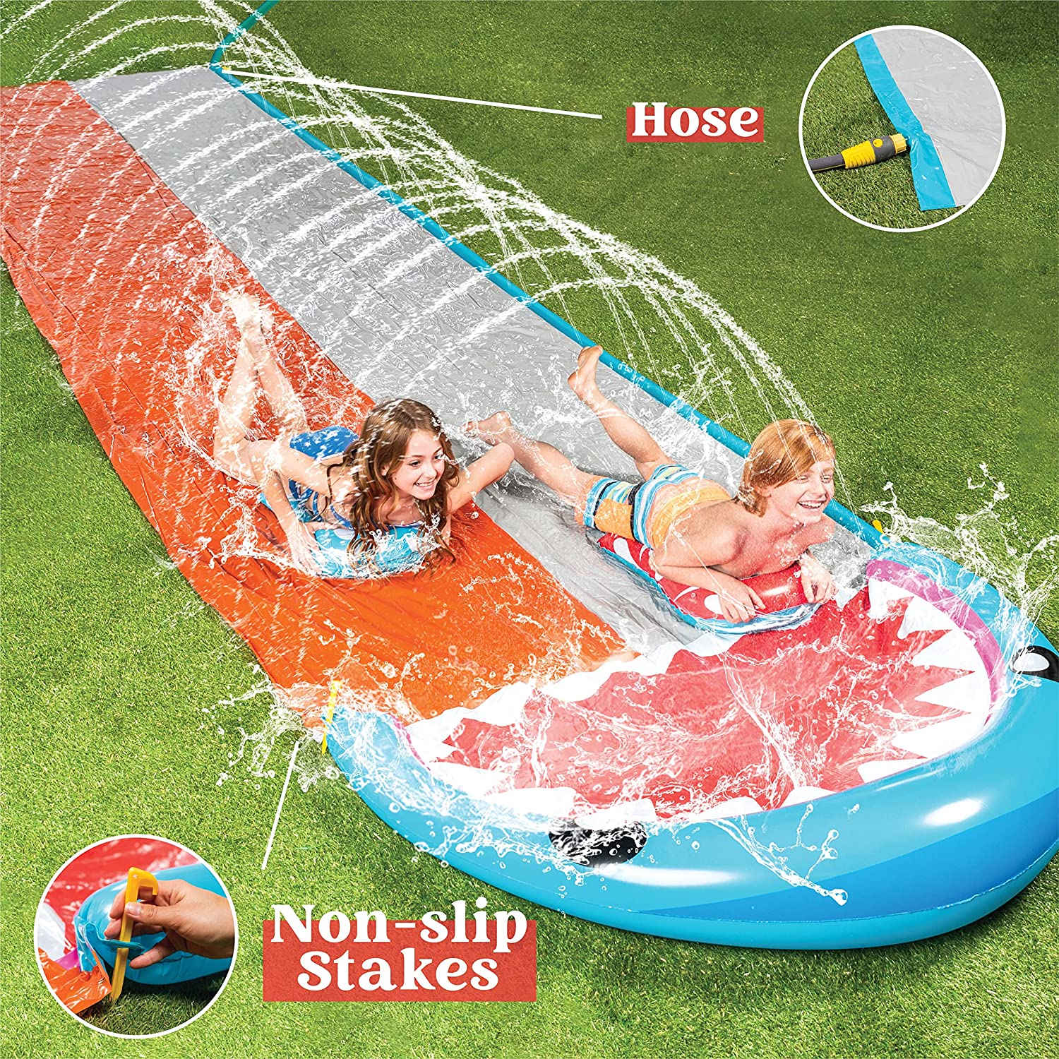 Terra 21ft Slip and Slide 2 Person Deluxe Water Slides with 2 Boogie Boards Waterslide With 2 Sliding Racing Lanes with Sprinklers Summer Entertainment Toy 21ft x 62in, Shark