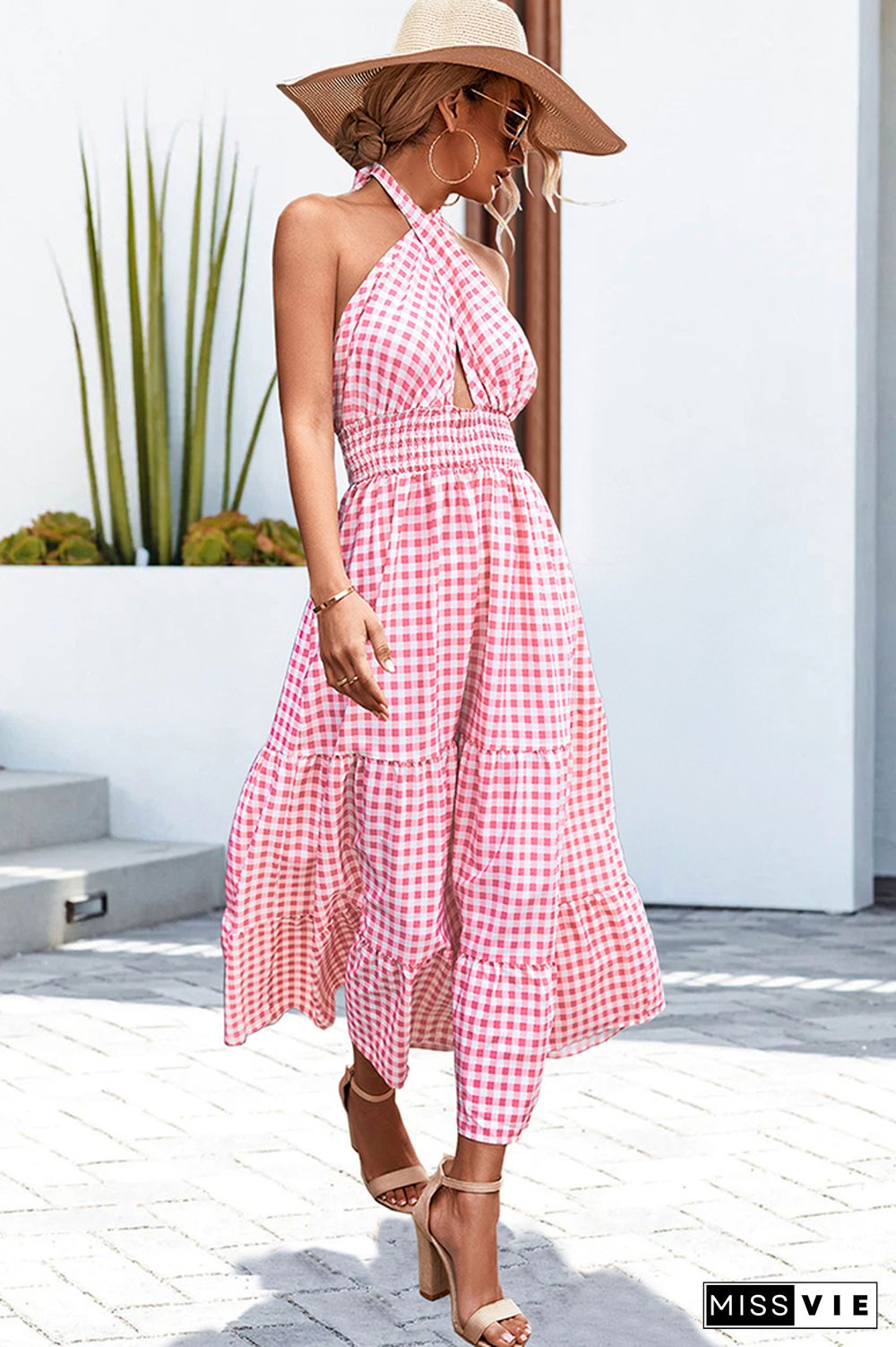 Halter Wrap Splicing Plaid Floral Dress