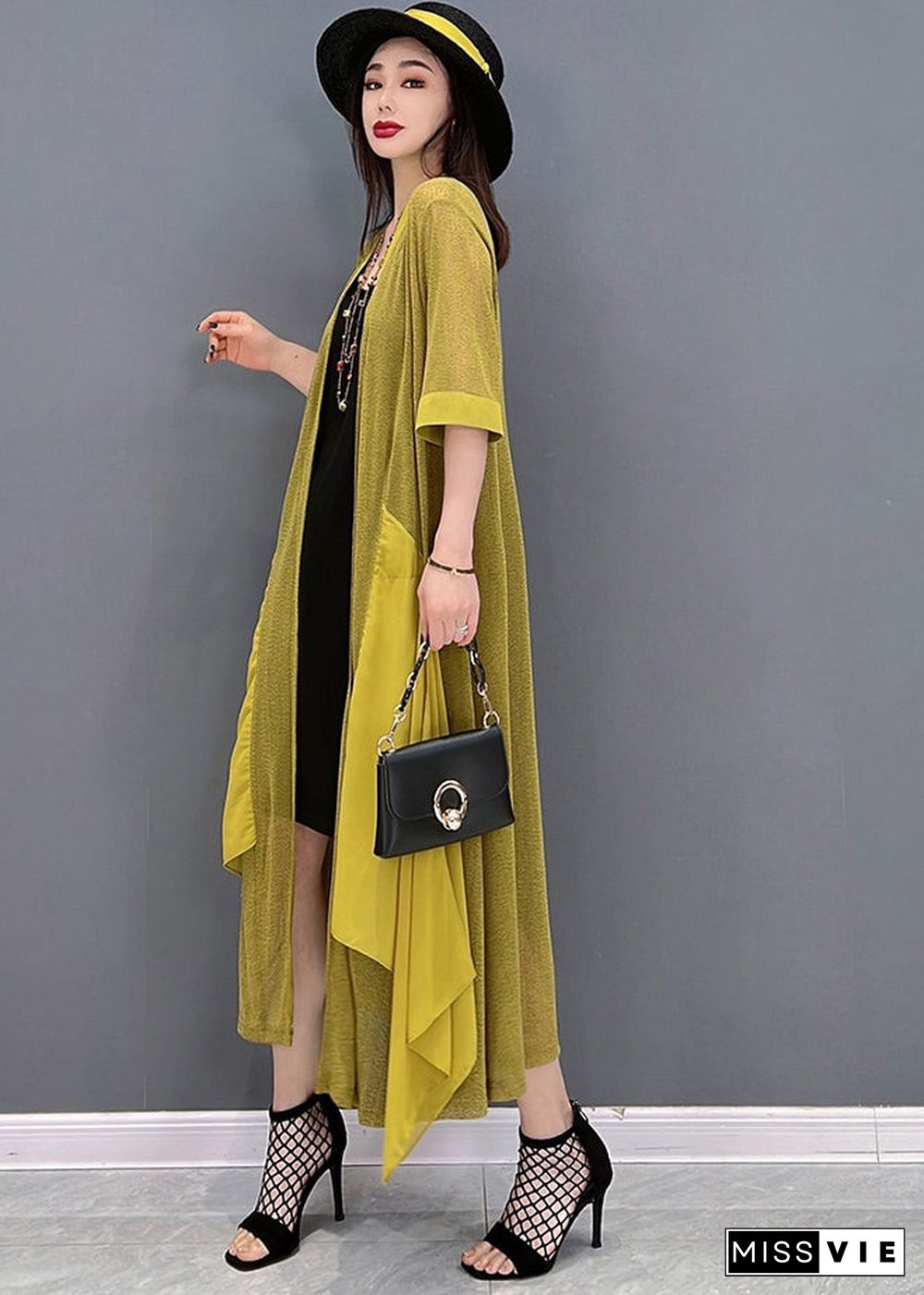 Casual Yellow Asymmetrical Design Patchwork Loose Long Cardigans Summer