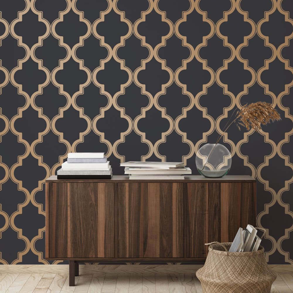 Marrakesh Peel & Stick Wallpaper in Midnight and Metallic Gold