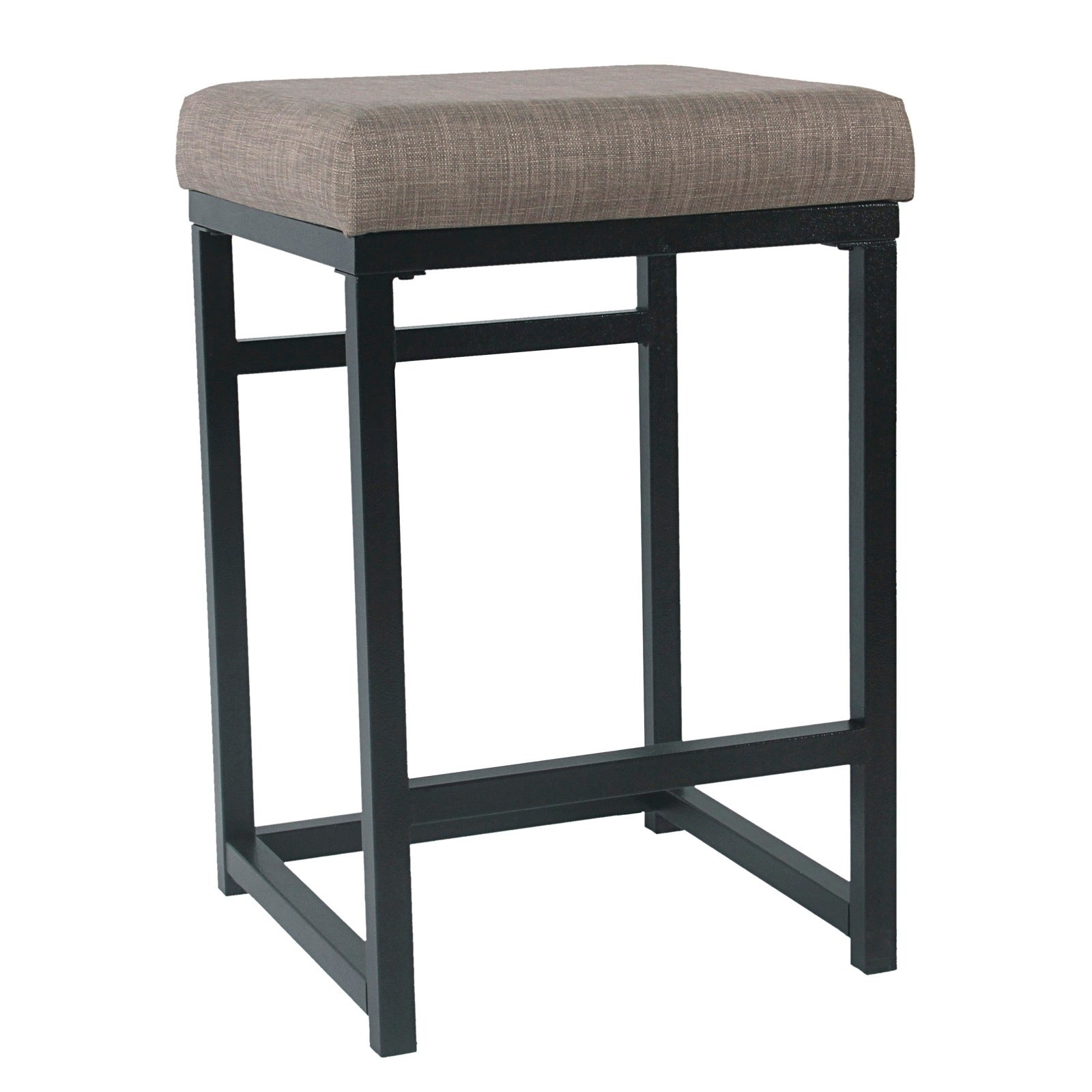 Metal Open Back Counter Stool with Fabric Upholstered Padded Seat， Brown and Black