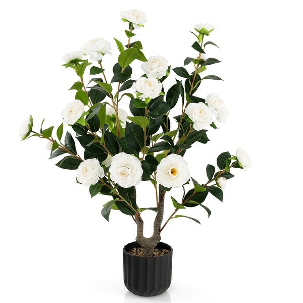 Gymax 38'' Artificial Camellia Tree Faux Floral Plant Fake Tree for