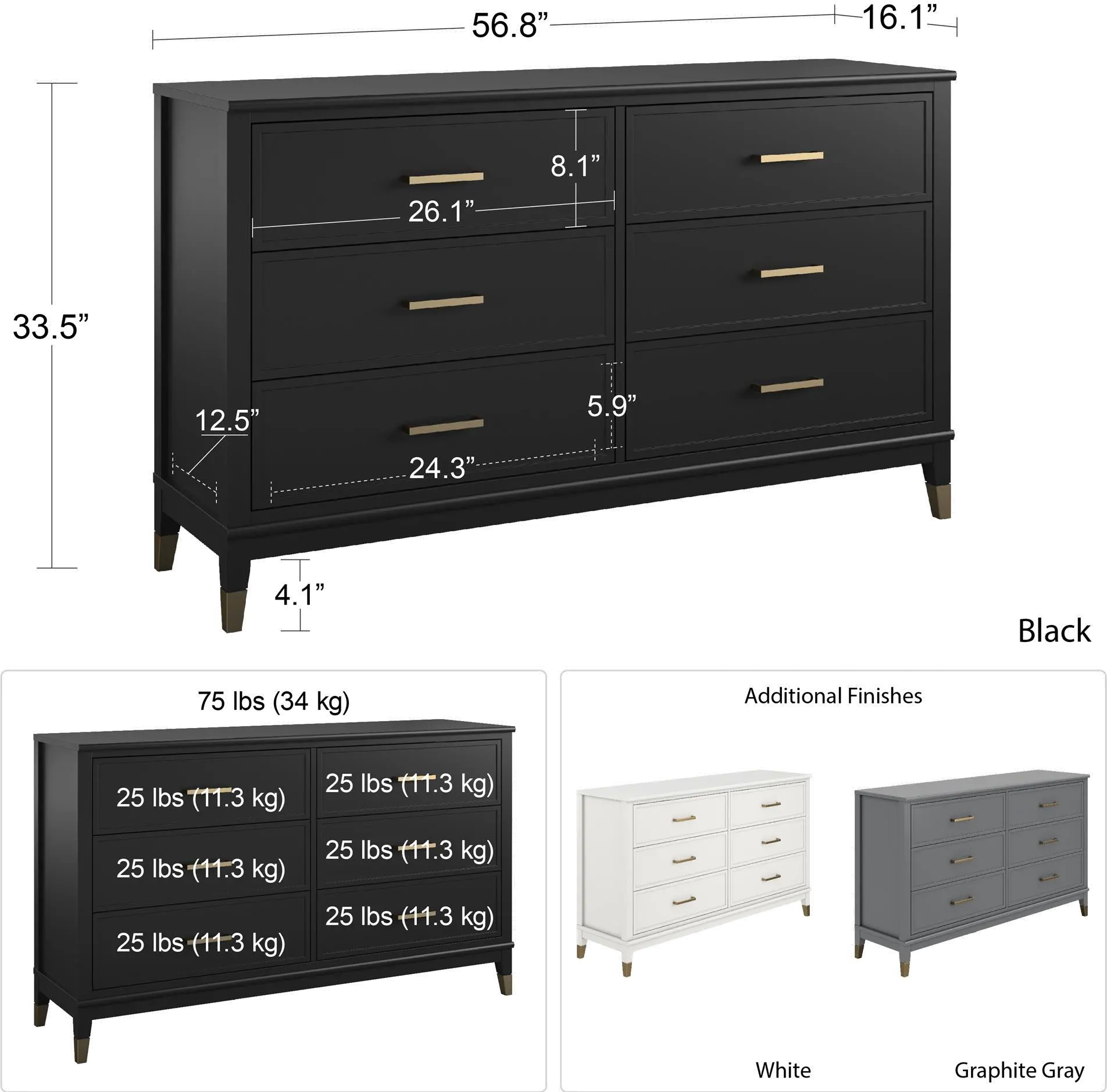 Westerleigh Black 6 Drawer Dresser