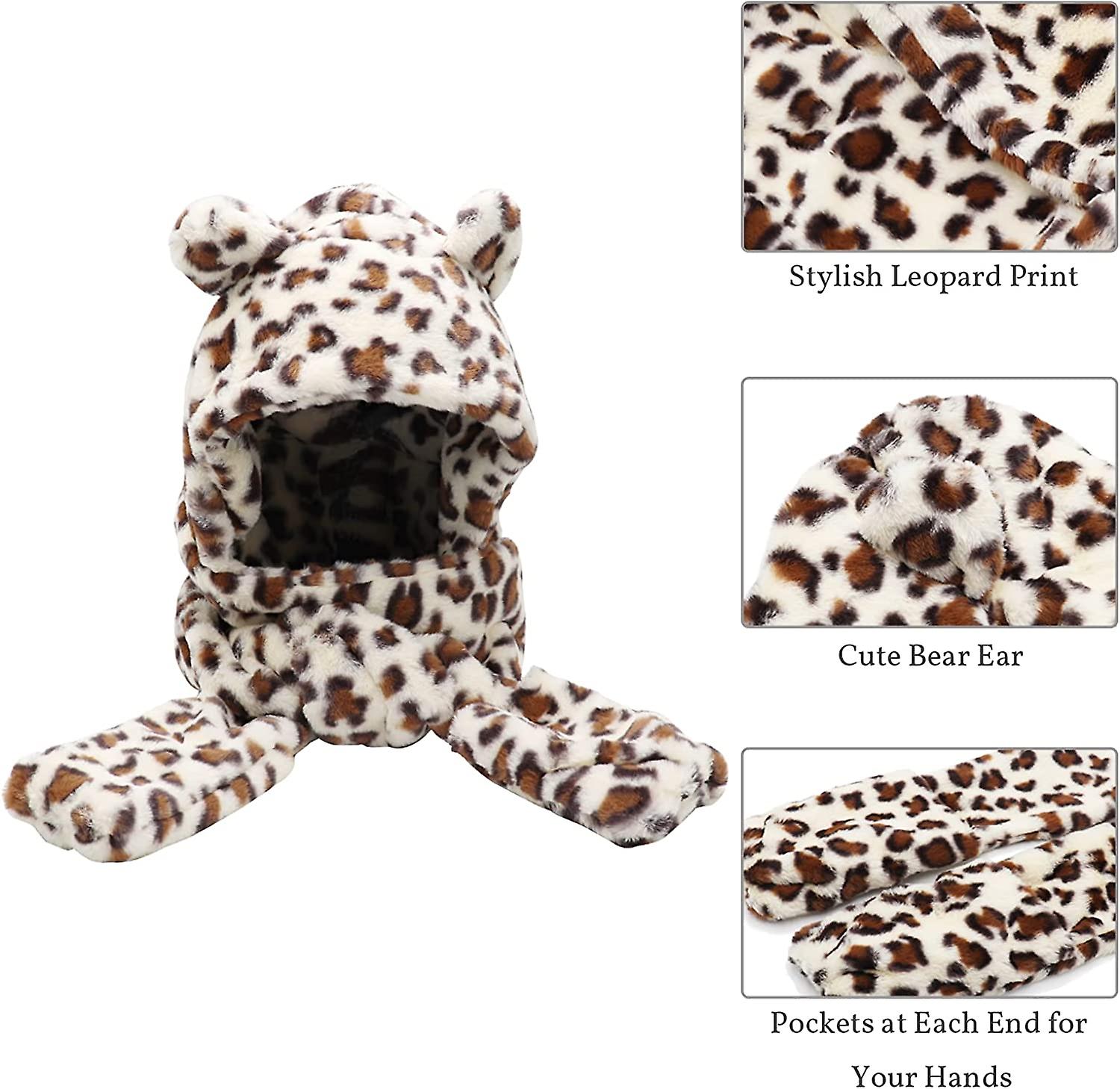 Winter Faux Fur Hood Hat Scarf And Gloves 3 In 1 Hooded Scarf For Women Men Leopard Print Beige -