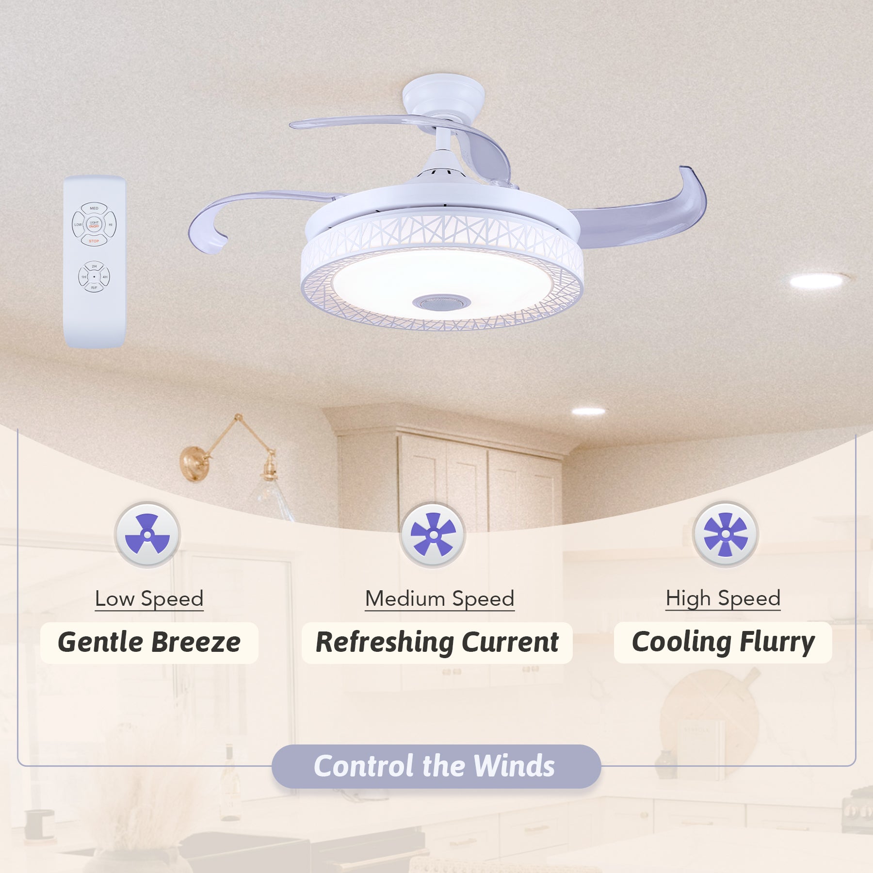 Viribus 42 Inch Modern Ceiling Fan with Light , 3 speeds & timer sets, with Light Remote Bluetooth App Room Decor, White