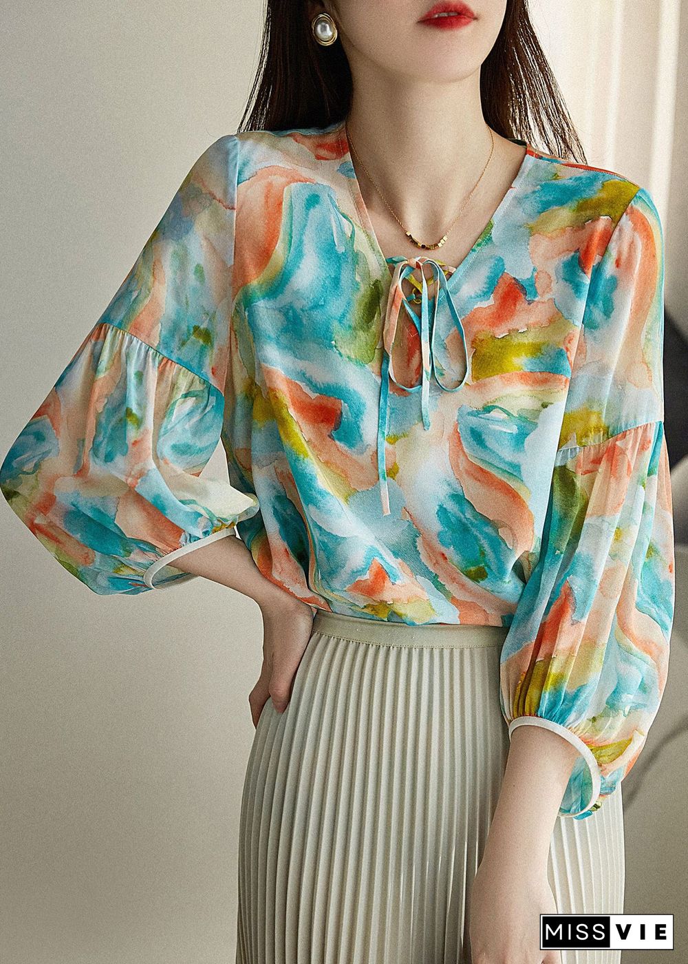 Italian Green V Neck Print Neck Tie Chiffon Shirt Spring