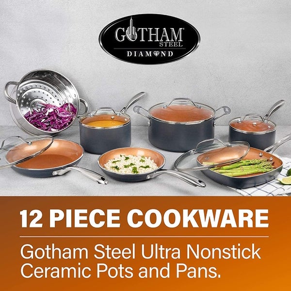 12 Piece Cookware Set， Non-Stick Copper Coating， Includes Skillets， Frying Pans and Stock Pots， Dishwasher and Oven Safe