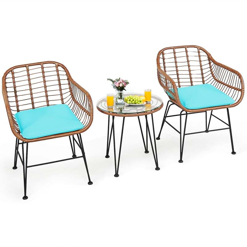 3 Pcs Patio Conversation Bistro Set Outdoor Rattan Furniture Set with Round Table & 2 Rattan Cushioned Armchairs