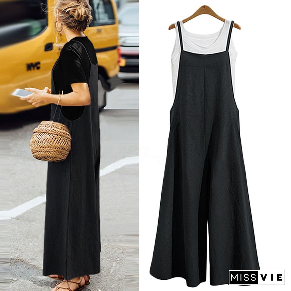 Women's Loose Conjoined Wide Leg Pants Casual Jumpsuit Linen